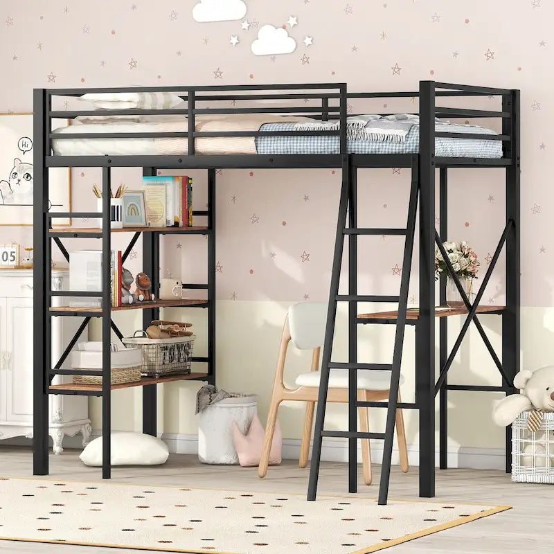 Black Twin Metal Loft Bed with Desk & Shelves