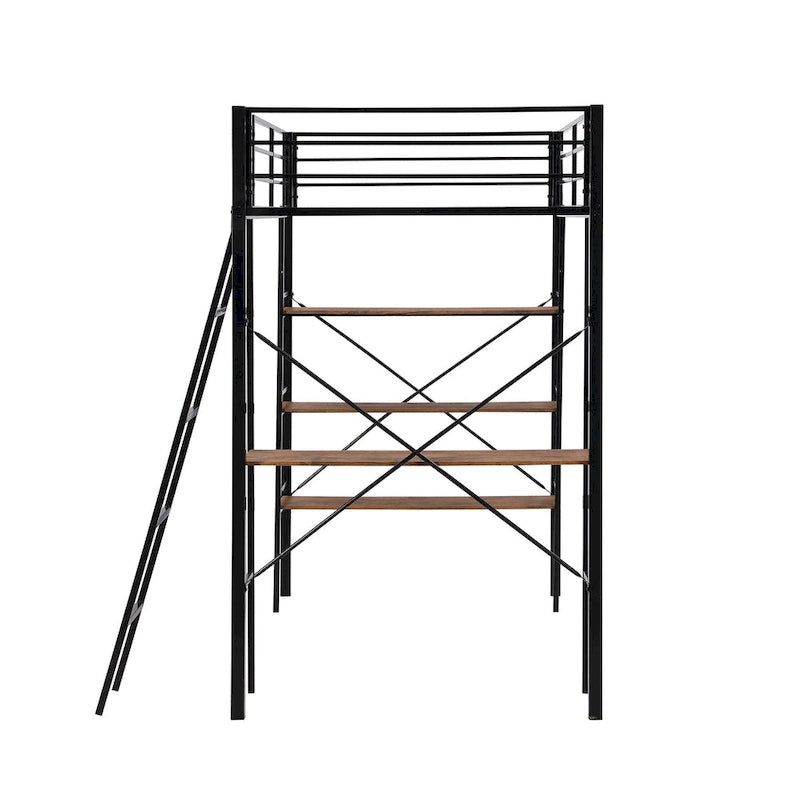 Black Twin Metal Loft Bed with Desk & Shelves