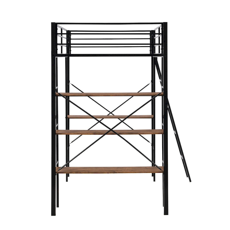 Black Twin Metal Loft Bed with Desk & Shelves