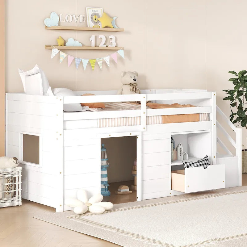 White Twin Wood Loft Bed with Storage Shelves, Drawers, and Desk