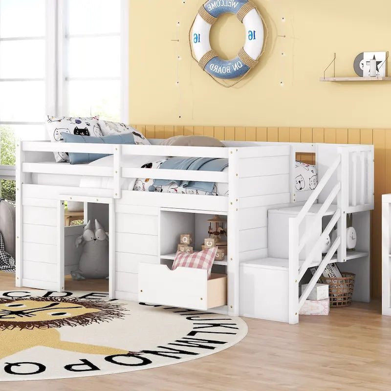 White Twin Wood Loft Bed with Storage Shelves, Drawers, and Desk