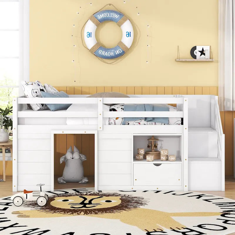 White Twin Wood Loft Bed with Storage Shelves, Drawers, and Desk