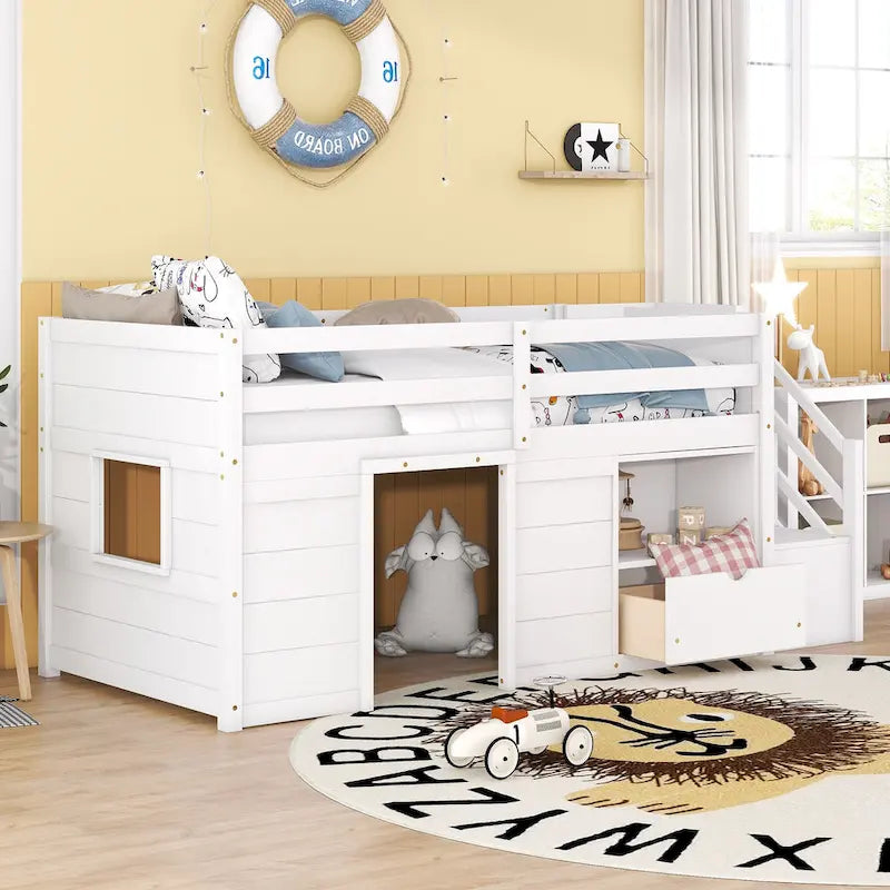 White Twin Wood Loft Bed with Storage Shelves, Drawers, and Desk