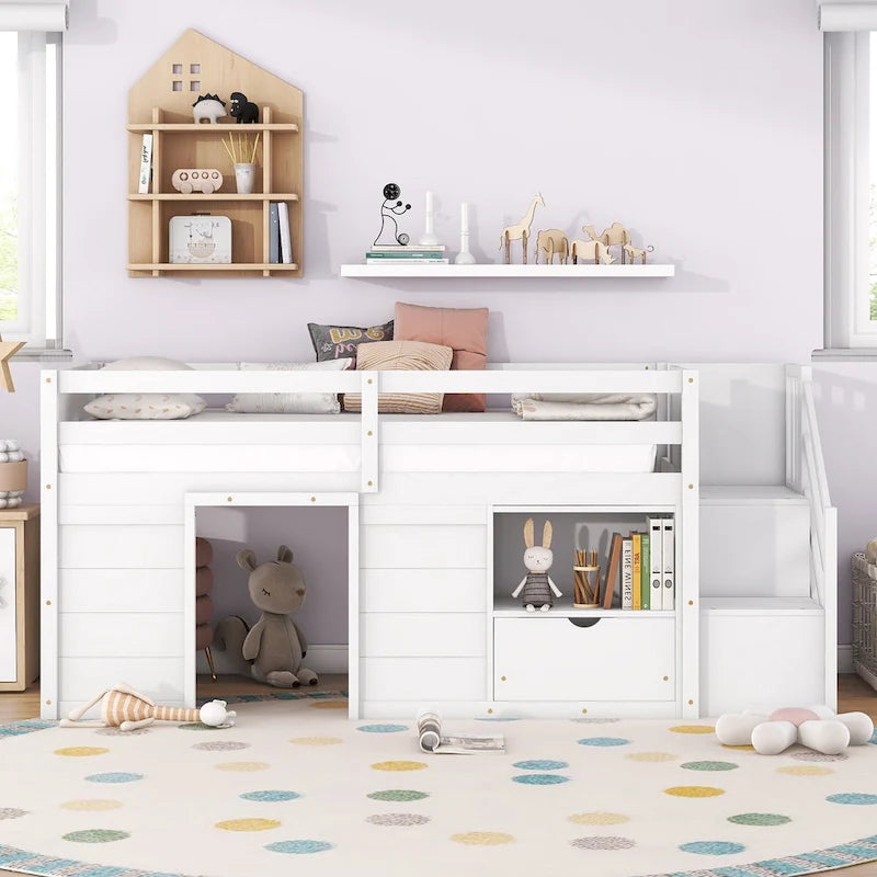 White Twin Wood Loft Bed with Storage Shelves, Drawers, and Desk