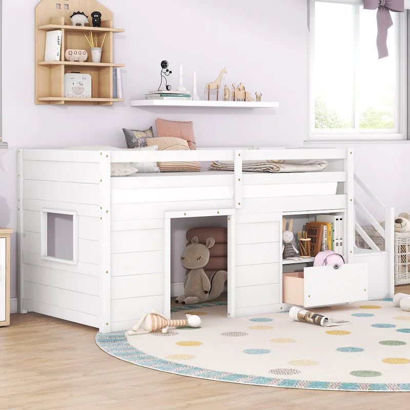White Twin Wood Loft Bed with Storage Shelves, Drawers, and Desk