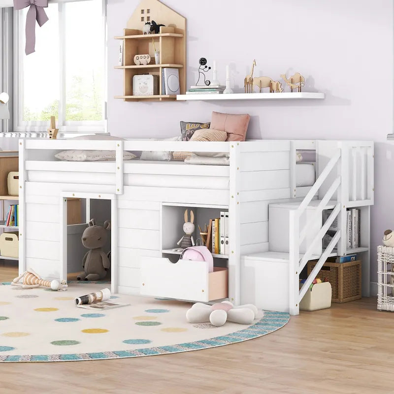 White Twin Wood Loft Bed with Storage Shelves, Drawers, and Desk