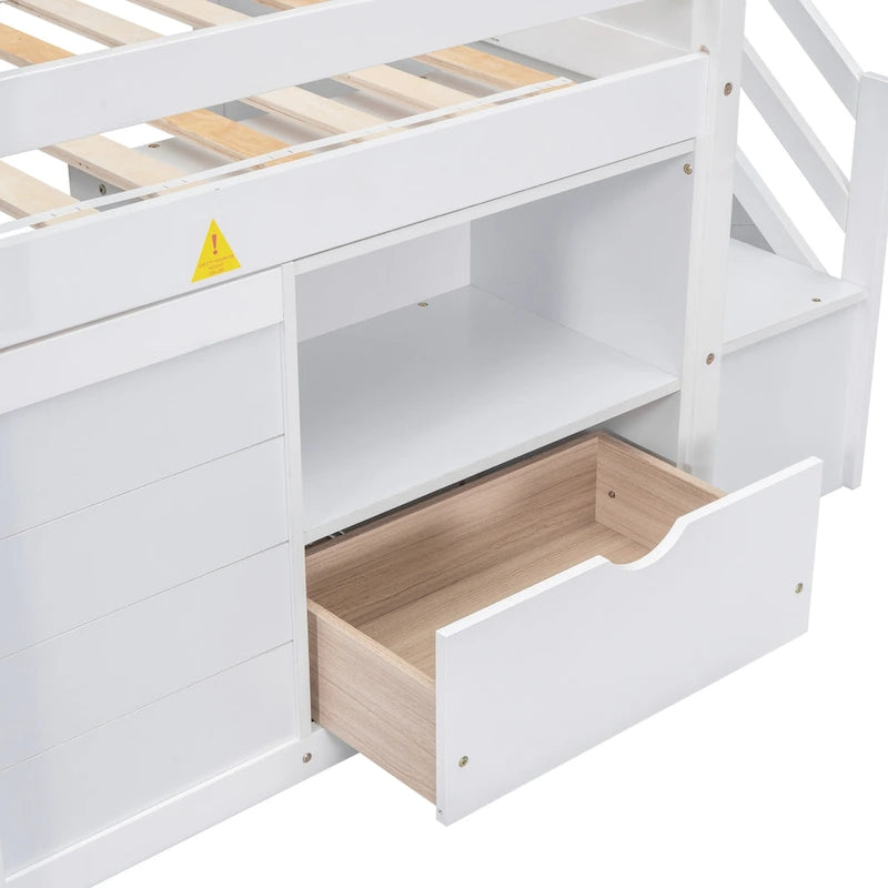 White Twin Wood Loft Bed with Storage Shelves, Drawers, and Desk