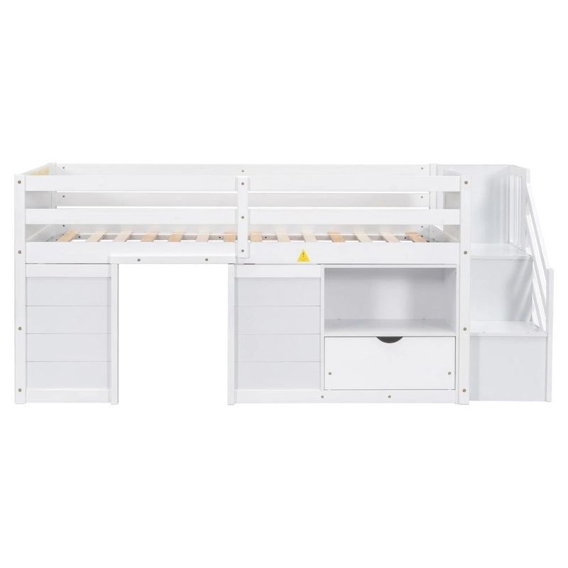 White Twin Wood Loft Bed with Storage Shelves, Drawers, and Desk
