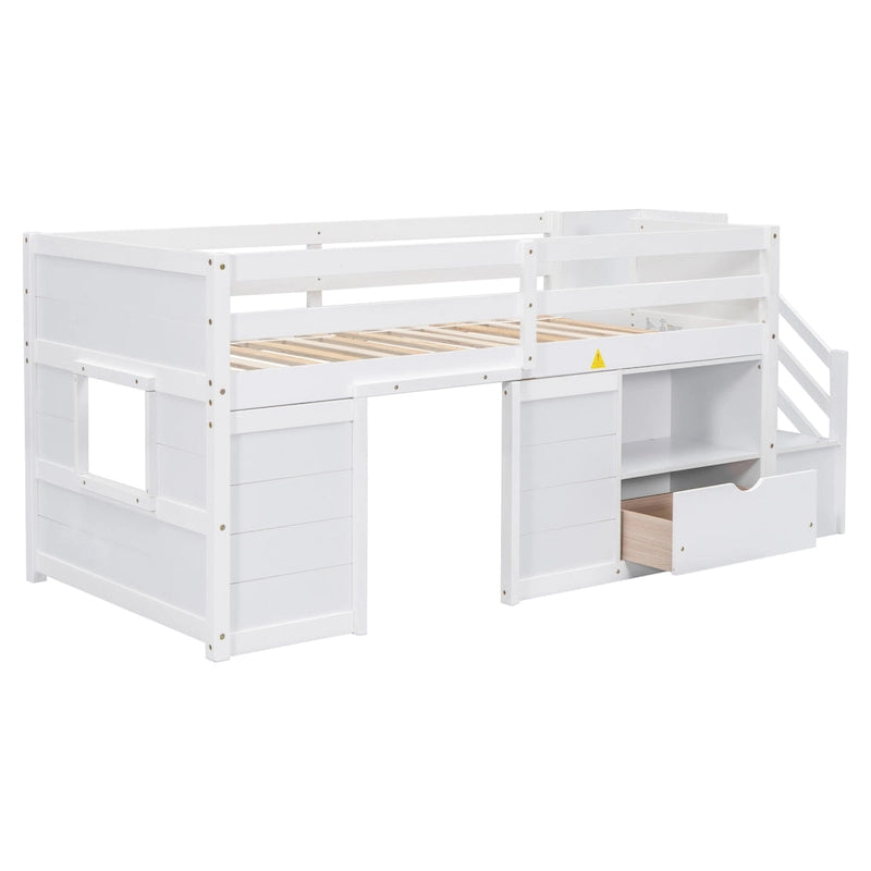 White Twin Wood Loft Bed with Storage Shelves, Drawers, and Desk
