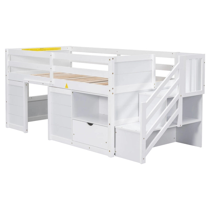 White Twin Wood Loft Bed with Storage Shelves, Drawers, and Desk