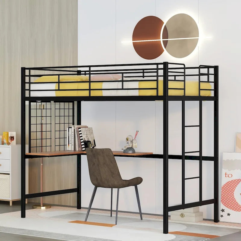 Black Twin Size Metal Loft Bed with Desk, Ladder & Grid