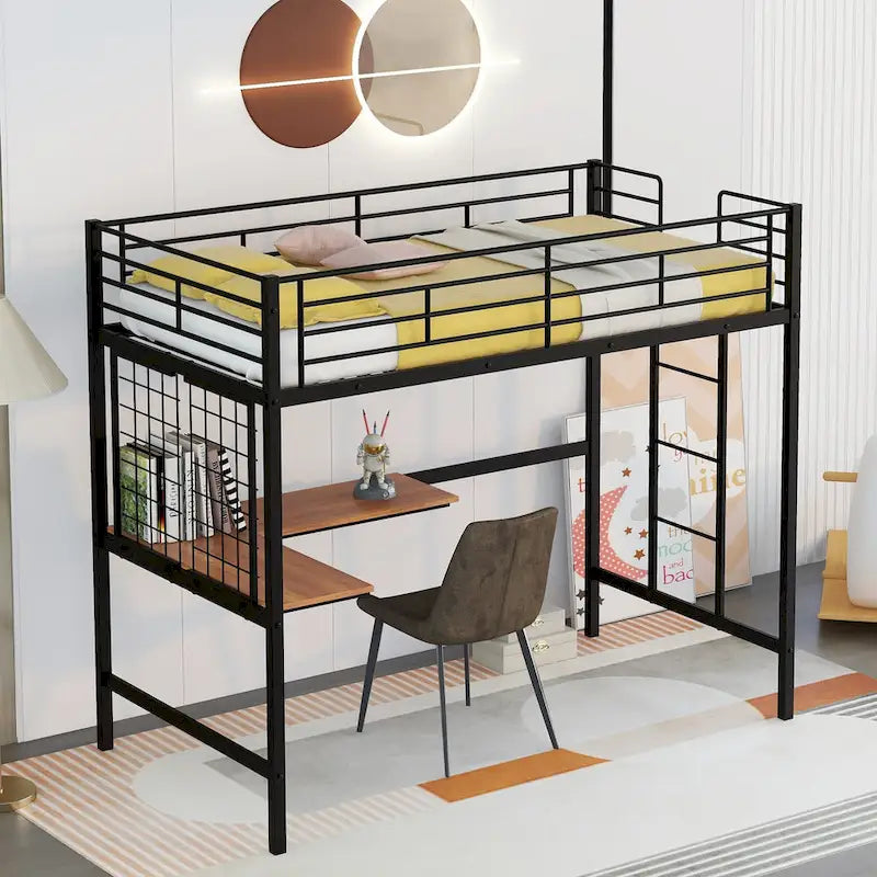 Black Twin Size Metal Loft Bed with Desk, Ladder & Grid