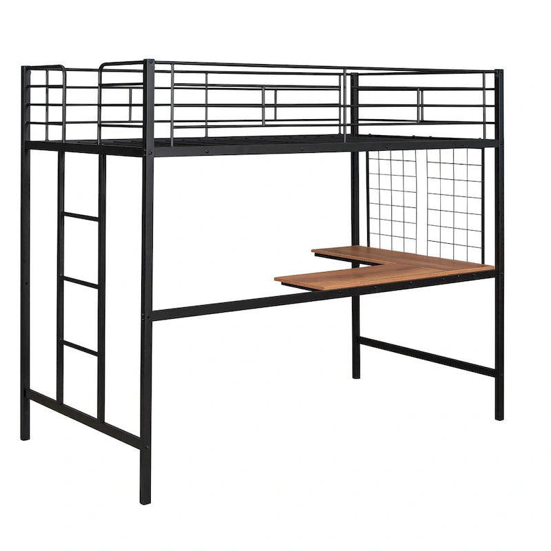 Black Twin Size Metal Loft Bed with Desk, Ladder & Grid