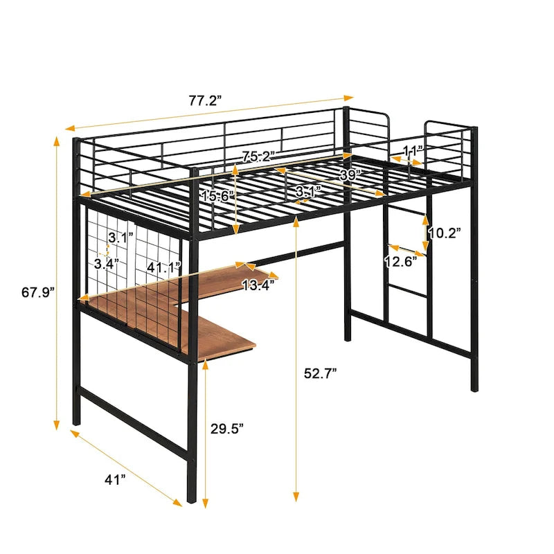Black Twin Size Metal Loft Bed with Desk, Ladder & Grid