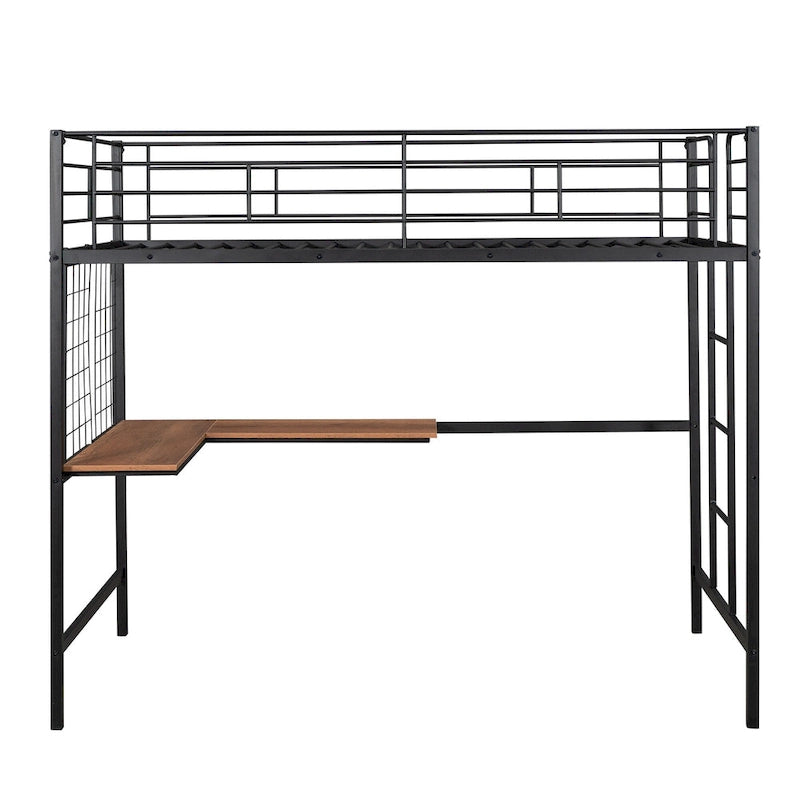 Black Twin Size Metal Loft Bed with Desk, Ladder & Grid