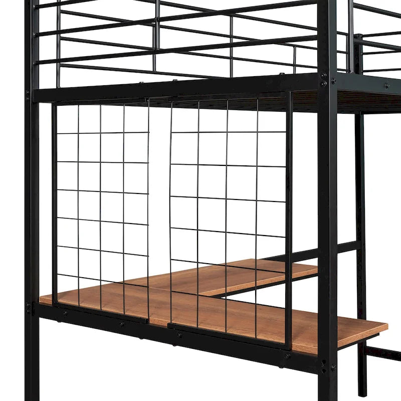 Black Twin Size Metal Loft Bed with Desk, Ladder & Grid