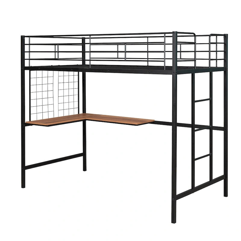 Black Twin Size Metal Loft Bed with Desk, Ladder & Grid