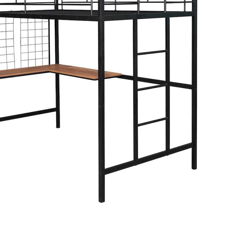 Black Twin Size Metal Loft Bed with Desk, Ladder & Grid