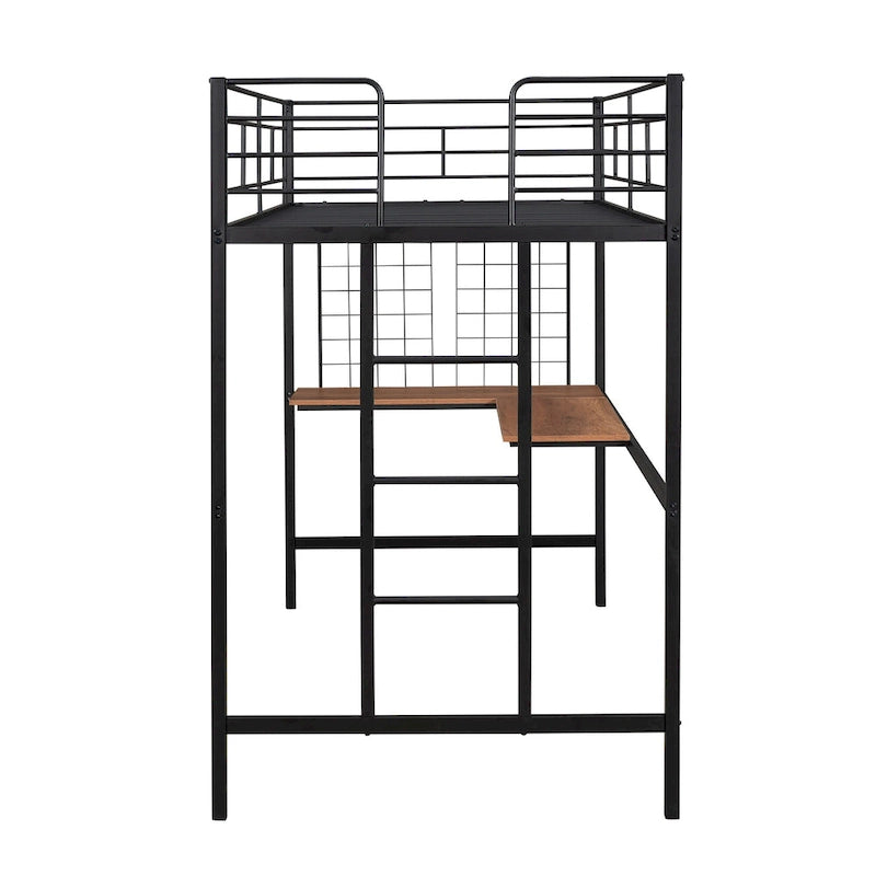 Black Twin Size Metal Loft Bed with Desk, Ladder & Grid