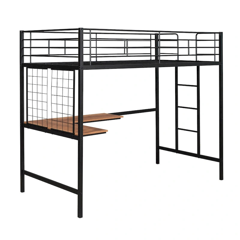 Black Twin Size Metal Loft Bed with Desk, Ladder & Grid