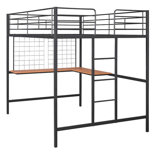Black Full Size Metal Loft Bed with Desk, Ladder & Grid