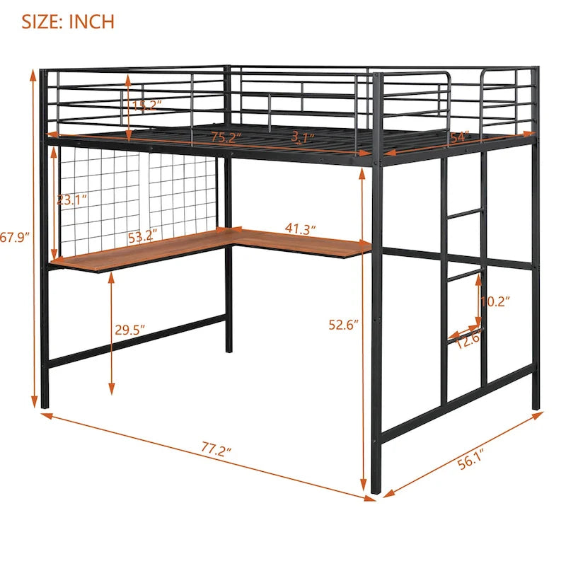 Black Full Size Metal Loft Bed with Desk, Ladder & Grid