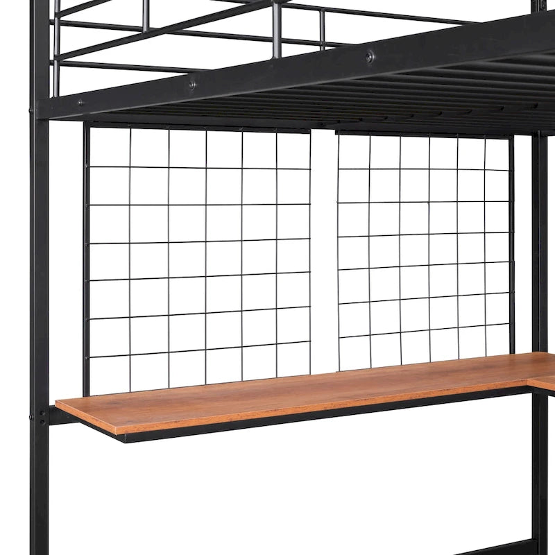 Black Full Size Metal Loft Bed with Desk, Ladder & Grid