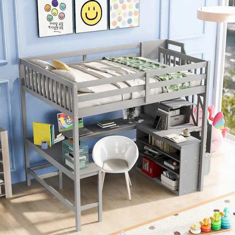 Gray Full Pine Wood Loft Bed with L-Shaped Desk