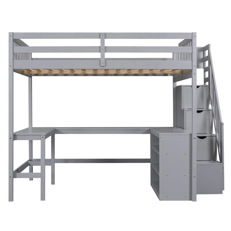 Gray Full Pine Wood Loft Bed with L-Shaped Desk