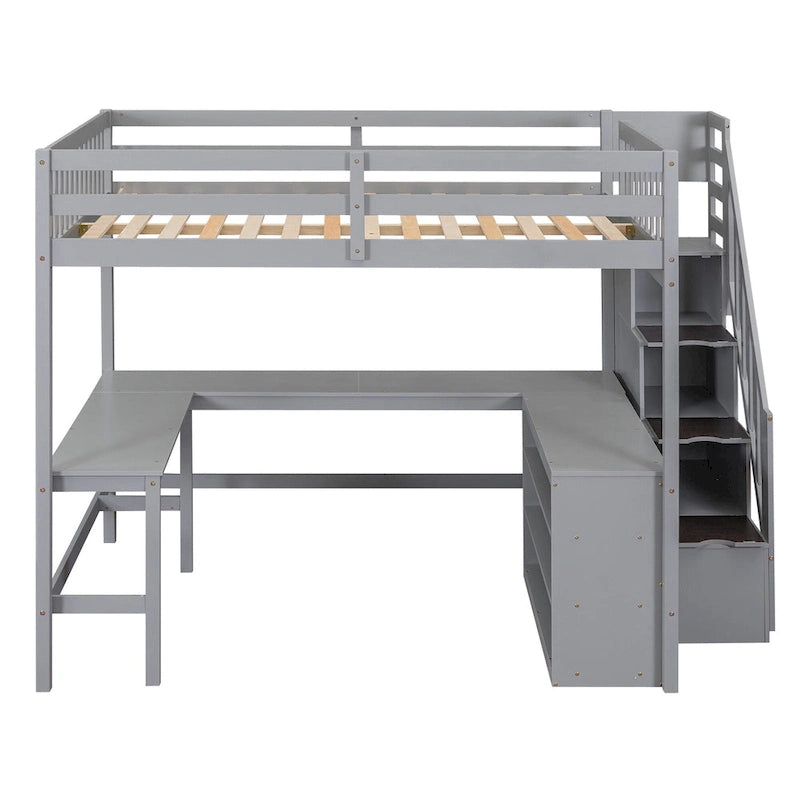 Gray Full Pine Wood Loft Bed with L-Shaped Desk