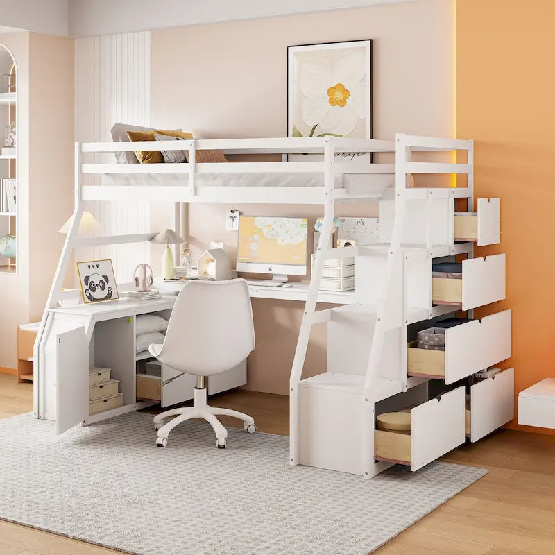 White Full Pine Loft Bed with Desk and Storage