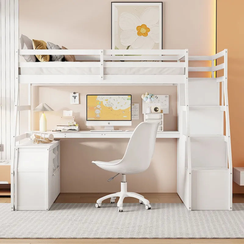 White Full Pine Loft Bed with Desk and Storage
