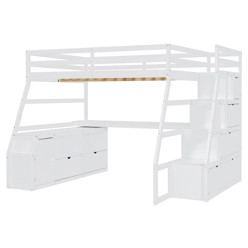 White Full Pine Loft Bed with Desk and Storage