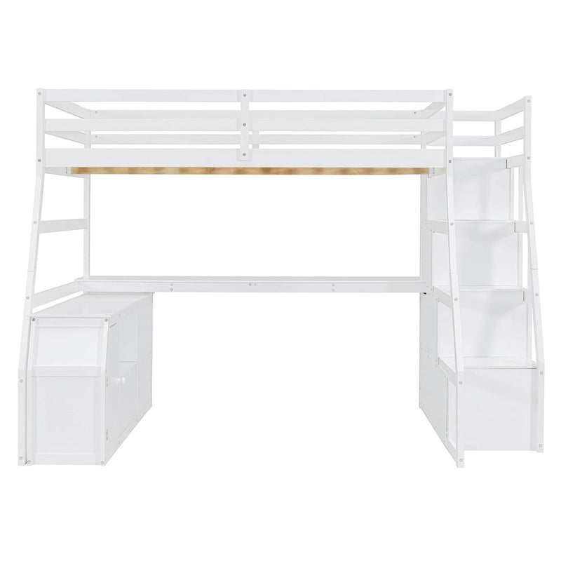 White Full Pine Loft Bed with Desk and Storage