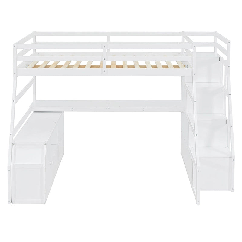 White Full Pine Loft Bed with Desk and Storage