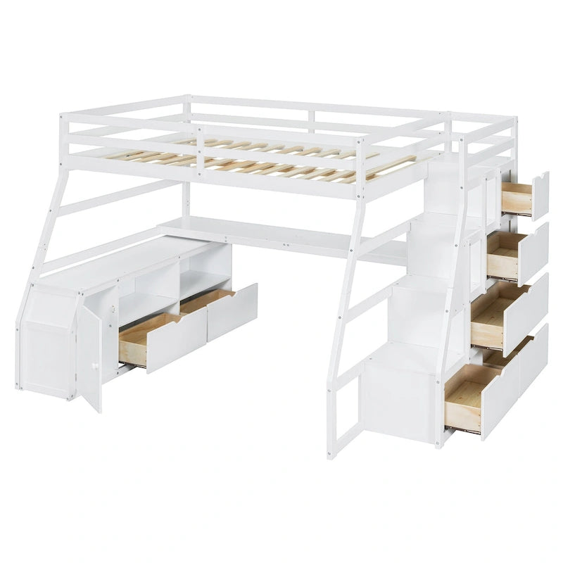 White Full Pine Loft Bed with Desk and Storage