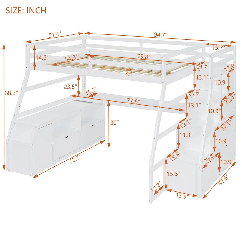 White Full Pine Loft Bed with Desk and Storage