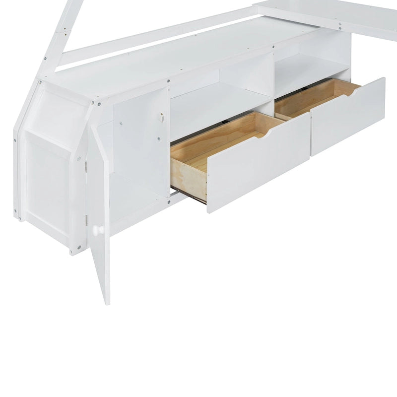 White Full Pine Loft Bed with Desk and Storage