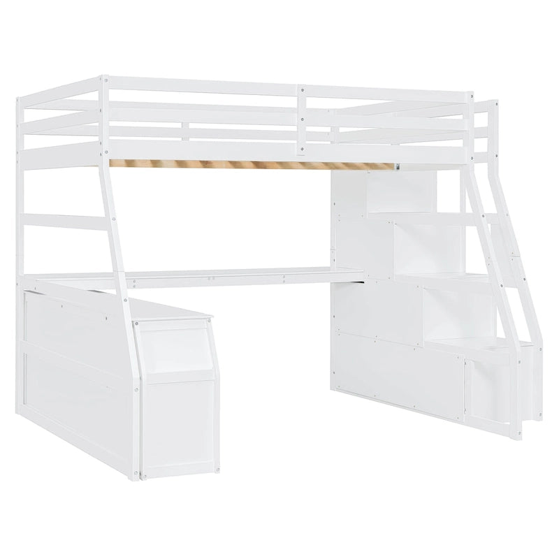 White Full Pine Loft Bed with Desk and Storage