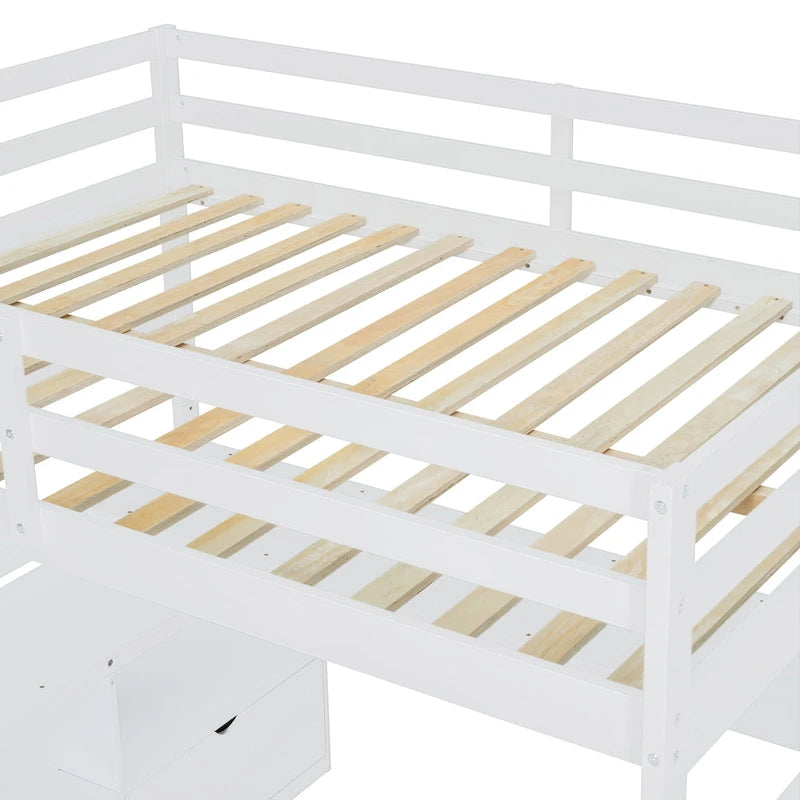 White Full Pine Loft Bed with Desk and Storage