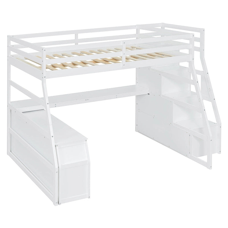 White Full Pine Loft Bed with Desk and Storage