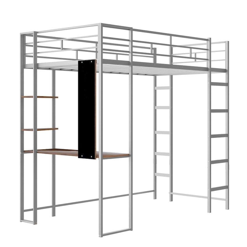 Silver Twin Size Metal Loft Bed with Ladder, Fence, Shelves, and Desk