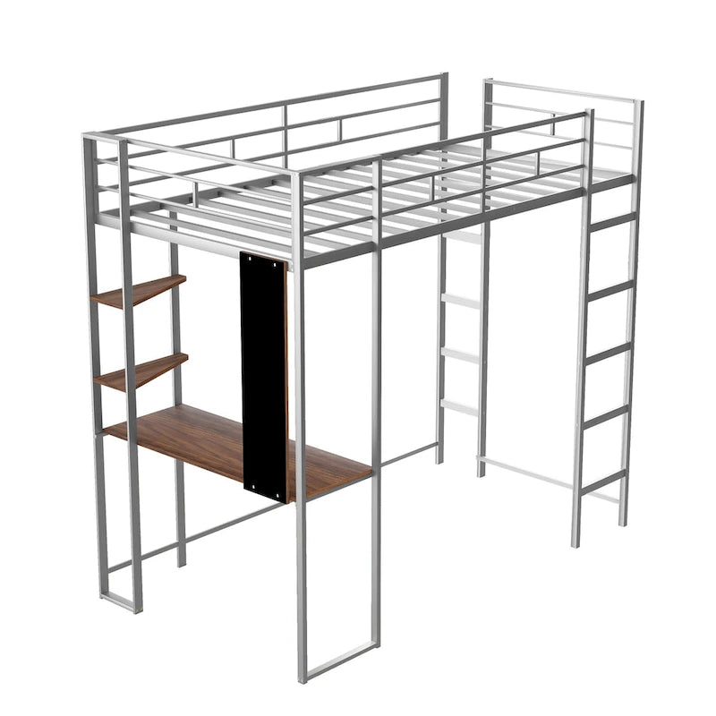 Silver Twin Size Metal Loft Bed with Ladder, Fence, Shelves, and Desk
