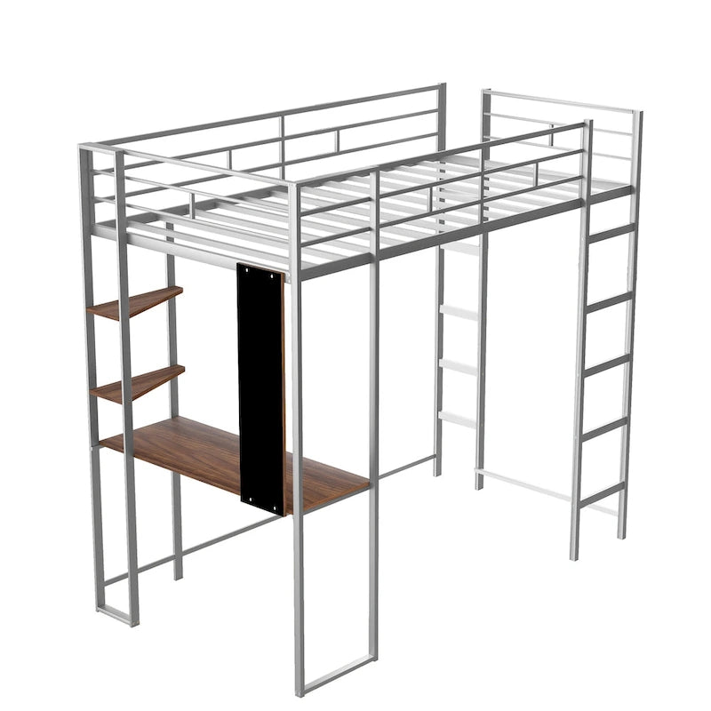 Silver Twin Size Metal Loft Bed with Ladder, Fence, Shelves, and Desk