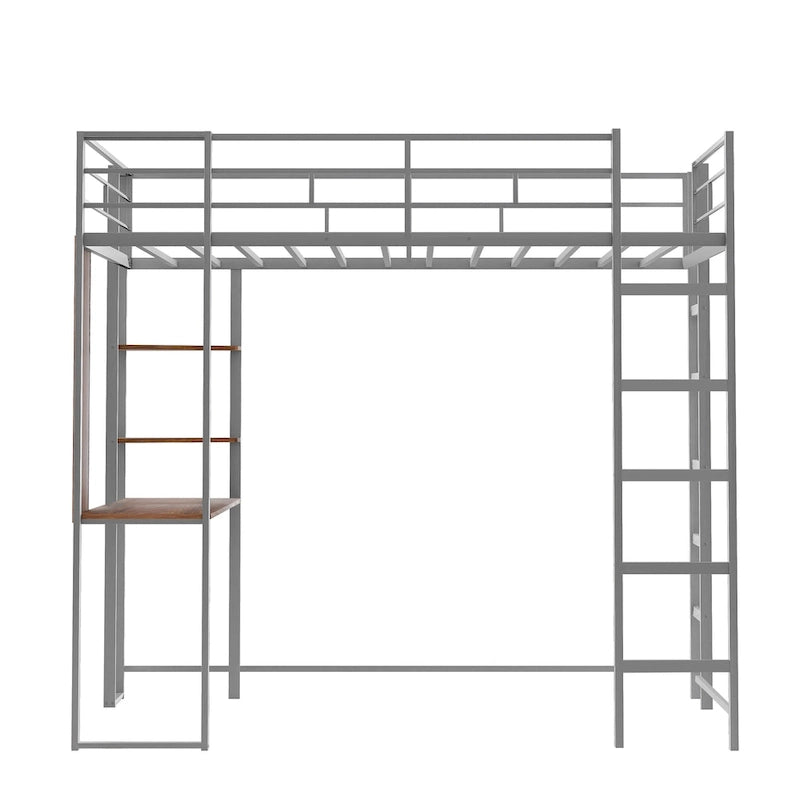 Silver Twin Size Metal Loft Bed with Ladder, Fence, Shelves, and Desk