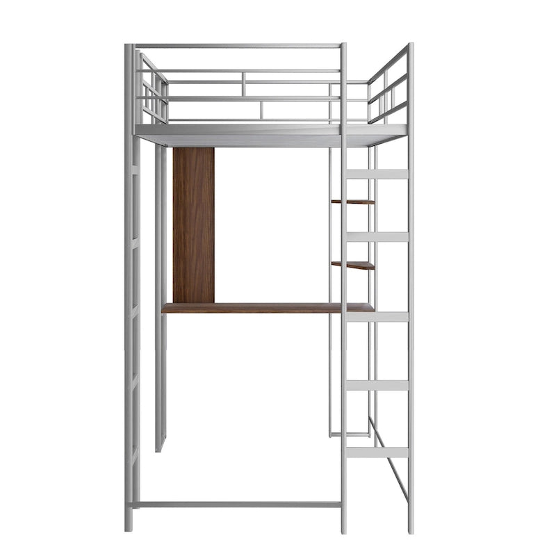Silver Twin Size Metal Loft Bed with Ladder, Fence, Shelves, and Desk
