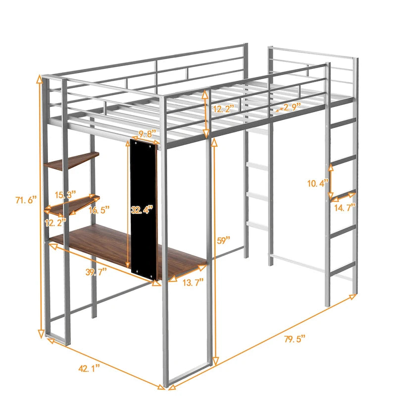 Silver Twin Size Metal Loft Bed with Ladder, Fence, Shelves, and Desk