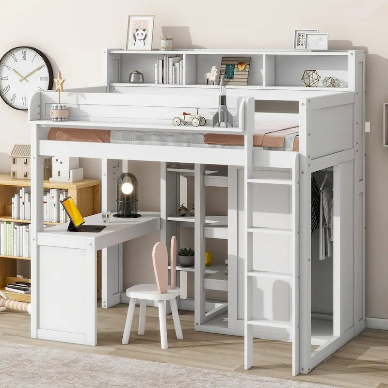 Twin Wood Loft Bed with Shelves, Wardrobe, and Desk