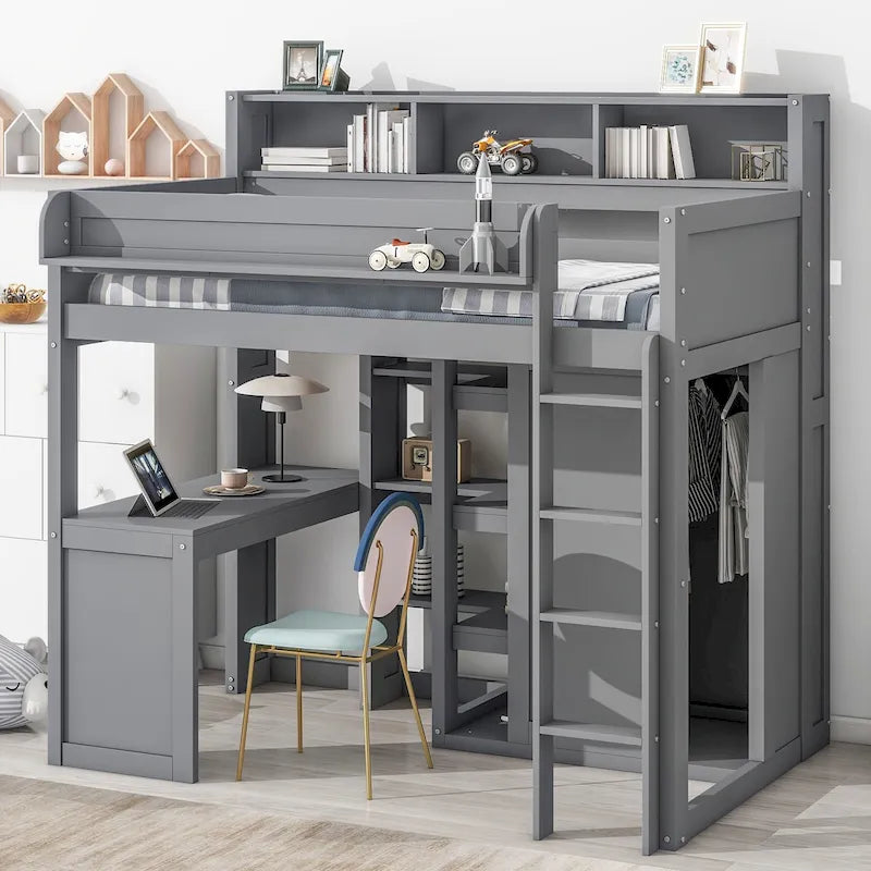 Twin Wood Loft Bed with Wardrobe, 2 Shelves, 3 Cabinets and Desk