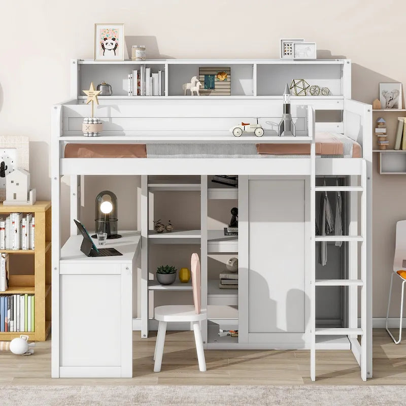 Twin Wood Loft Bed with Shelves, Wardrobe, and Desk